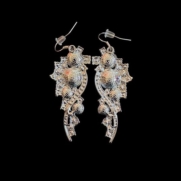 Faux Cabochon Pearl & Rhinestone Encrusted Statement Earrings Silver Tone OSFM - Picture 3 of 3